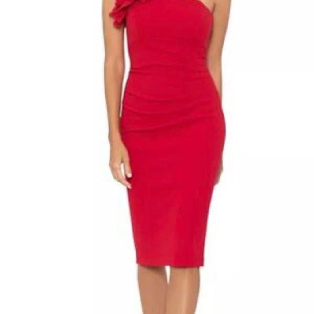 Xscape Women's Red One Shoulder Scuba Crepe Sheath Dress Size 4, Msrp: 228$